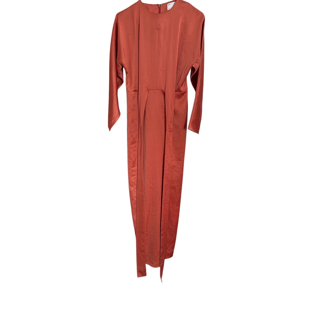 ASOS Design Women Rust Orange Satin Long Sleeve Tie Waist Maxi Dress Formal Gown - Picture 5 of 10